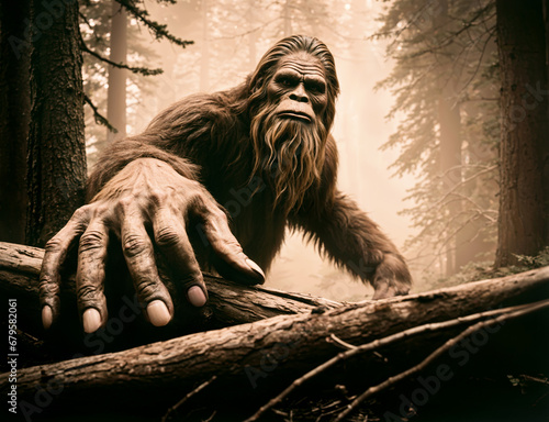 A Bigfoot standing in the middle of a forest with a hand on the log in a picture style 19th century.