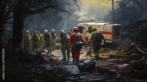 Emergency medical team at disaster zone