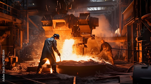 Steelworker melting and molding metal in foundry