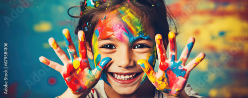 Smiling child with shoving hands painted color.
