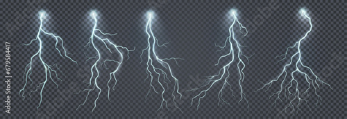Thunder storm. Electric sky, thunderstorm lights set, flash and stormy white bolt, realistic glowing thunderbolt collection. Rainy weather. Vector isolated on transparent background exact illustration