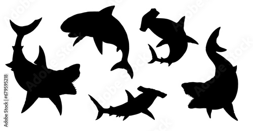 Set with sharks silhouettes: great white shark, megalodon, mako and hammerhead shark. Hand drawn illustration to cut out and glue.