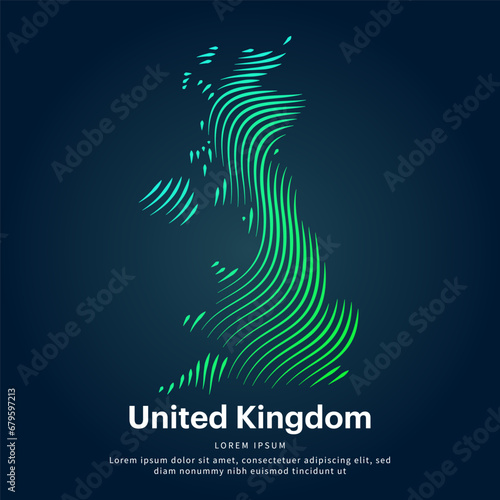 simple logo map of United Kingdom Illustration in a linear style. Abstract line art United Kingdom map Logotype concept icon. Vector logo United Kingdom color silhouette on a dark background. EPS 10