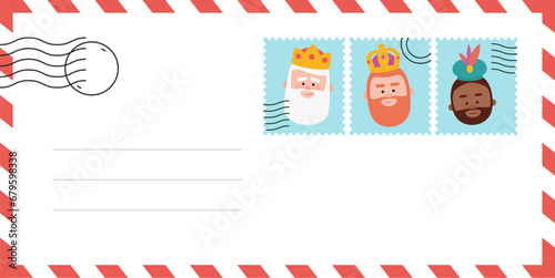 Envelope of the wise men. The three kings of orient, Melchior, Gaspard and Balthazar. Funny vectorized letter.