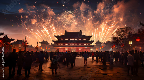 An awe-inspiring display of fireworks lighting up the night sky, signifying the grandeur and jubilation of Chinese New Year festivities.