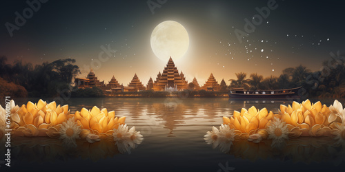 Radiant River Serenity: Holiday Banner Design Featuring a Full Moon's Reflection, Adorned with Kratong Flower Floats, Celebrating the Cultural Splendor of Thailand's Loy Krathong Festival.