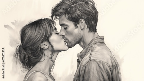 hand sketch in black and white of man and woman kissing, book novel cover