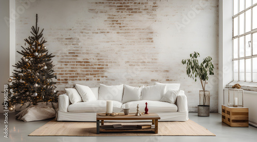 Modern living interior with sofa on white brick wall mockup