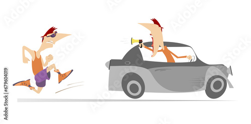 Running man and riding on the car coach or supporter illustration. Trainer or supporter with megaphone rides on the car in front of the running man and supports him. Isolated on white background 