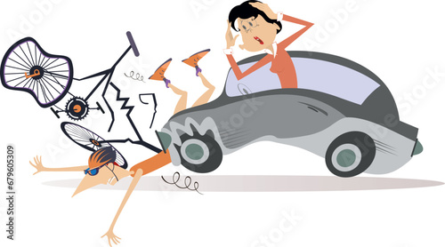 Traffic accident. Bike accident - collisions with car. A car driven by a woman hits a cyclist. Road collision with cyclist involved 