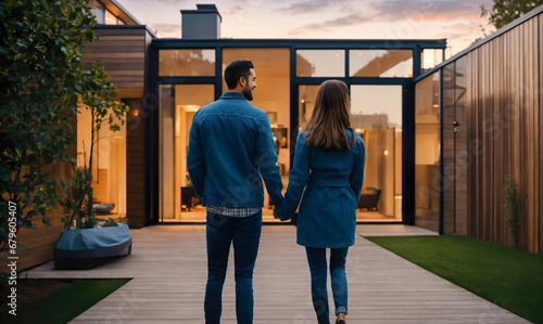 back rear view of young couple embracing, gazing at contemporary futuristic modern home, transparent house. family standing, hugging together looking in front of house to start new life. real estate