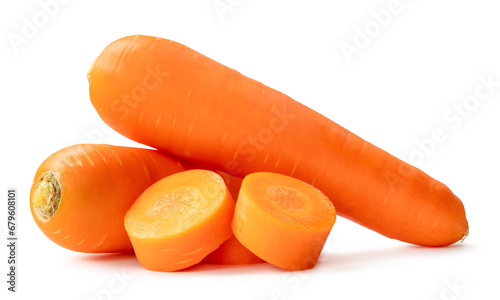 Two fresh orange carrots with slices in stack isolated on white background with clipping path and shadow in png file format Close up of healthy vegetable root