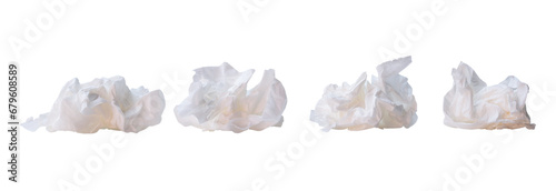 Set of white crumpled or screwed tissue paper after use in toilet or restroom isolated on white background with clipping path in png file format