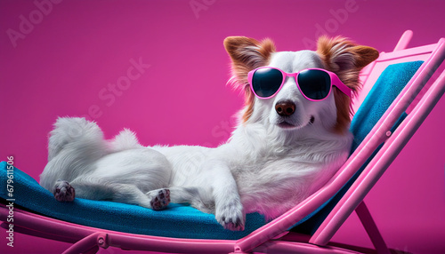 Schnäppchen Hund kleiner lustiger Chihuahua mit rosa Sonnenbrille liegend in Wellness Wellnessbereich lustige Tiere Kartenmotiv Vorlage Motiv Generative AI 