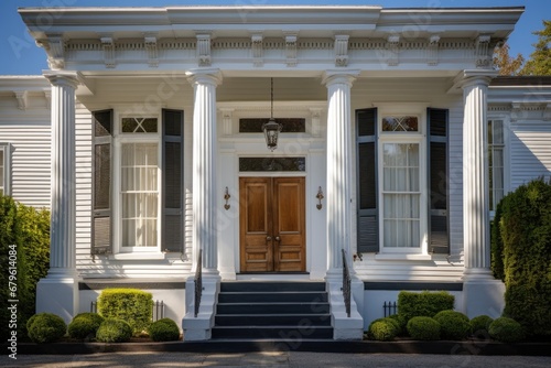 pilasters flank the entrance of a greek revival building