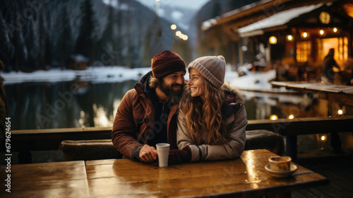 Couple in love drinking coffee at a restaurant on the background of mountains lake.