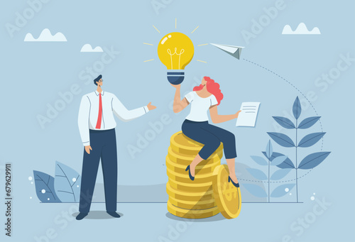 Creativity and inspiration lead to success in work, Ideas about innovation and how to create opportunities for companies to grow and prosper, Businesswoman sitting on gold coin holding a light bulb.