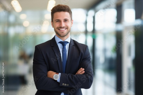 Portrait of young businessman in suit with arms crossed in the office.