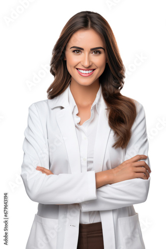 A happy female pharmacist standing with your arms crossed with confidence isolated on transparent background.