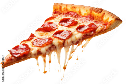 Delicious tasty slice of pepperoni pizza flying isolated on transparent background.