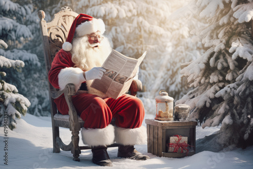 Santa claus sitting and reading newspaper in snowy forest. Morning sunny scene outside. Relaxed, joy, slowly santa forgot about presents or christmas.