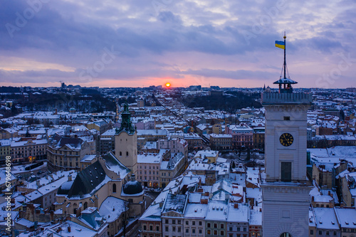 Panoramic view on Lviv in winter from drone