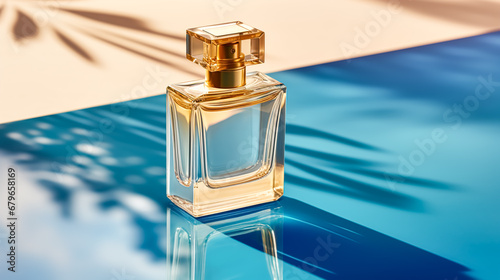 Luxury womens fragrance, bottle of perfume scent by the swimming pool in summer, bespoke perfumery and beauty product sale commercial, generative ai