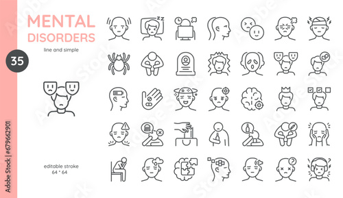 Mental Disorders Icon Set. Anxiety, Neurosis, Mania, Depression, Addiction, Autism, Insomnia, Phobia, Crisis, Stress, Burnout, and More. Isolated Vector Mental Health Disorders Signs Collection.