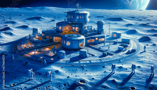 A modern lunar base with astronauts on the moon's surface, illuminated by a blue hue.Generative AI