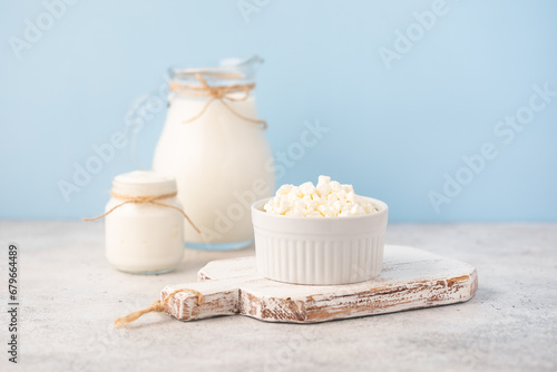 Natural dairy products. cottage cheese, milk, yogurt