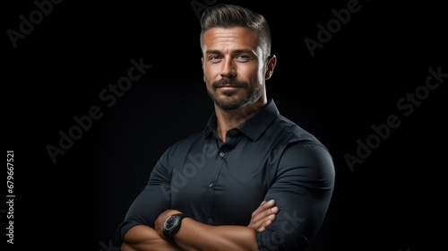 A Expert engineering consultant with arms crossed looking at camera, side view, half body shot, black isolated background, PNG,