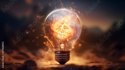 A light bulb with fire inside