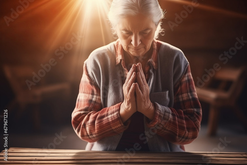 Elder woman pray in church Christian life crisis prayer to god. Hands praying to god with bible on sunlight glare