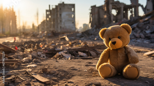 Alone dirt toy bear lies rubble of house. Concept destroy life of baby after accident war or earthquake