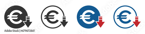 Cost reduction. Euro decrease flat vector icons set