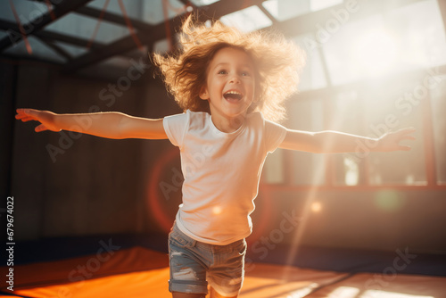 Happy little child enjoys jumping on trampoline in sport jump park, sunlight