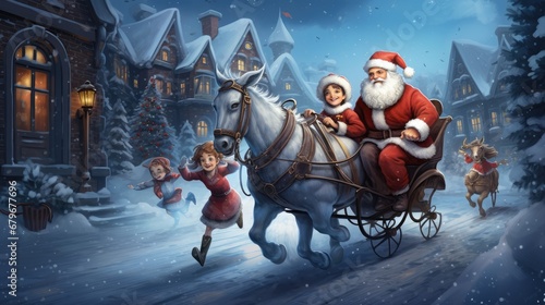  a painting of santa claus riding in a sleigh pulled by a little girl in a red dress and santa claus on a sleigh.