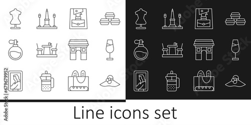 Set line Elegant women hat, Wine glass, Handbag, French cafe, Perfume, Mannequin, Triumphal Arch and Place De La Concorde icon. Vector