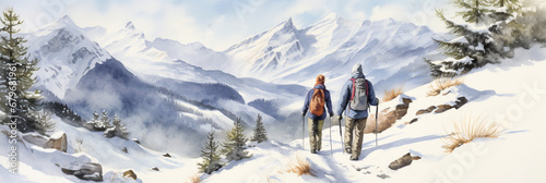 Happy Senior Couple Hiking with Trekking Sticks and Backpack at Winter Mountain Trail in Snow. Enjoying Calming Nature, Having a Good Time on Retirement. Nordic Walking. Watercolour Illustration.