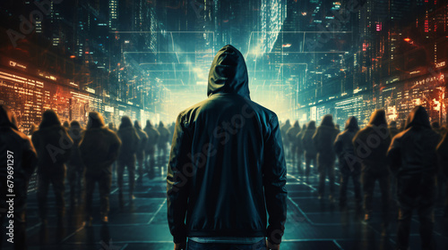 Anonymous hacker, surrounded by a network of glowing data. Cybersecurity, Cybercrime, Cyberattack. Generative AI 