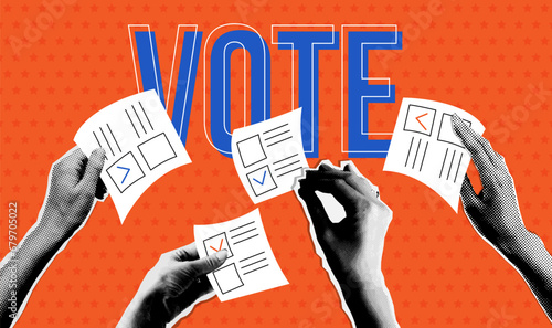 Voting concept. People's hands holding vote ballots in trendy halftone collage style. Vector dotted Cutouts magazines. 2024 president election concept,