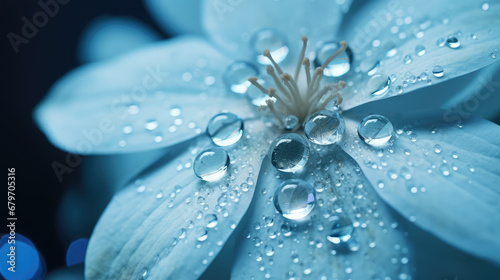 Macro close-up shot of blue flower petals with dewdrops. Beautiful flower with raindrops on the petal. Creative wallpaper, screensaver with charming flora. 
