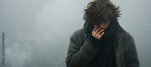 Depression, addiction, and mental health young man lost in a misty cloud with text space.