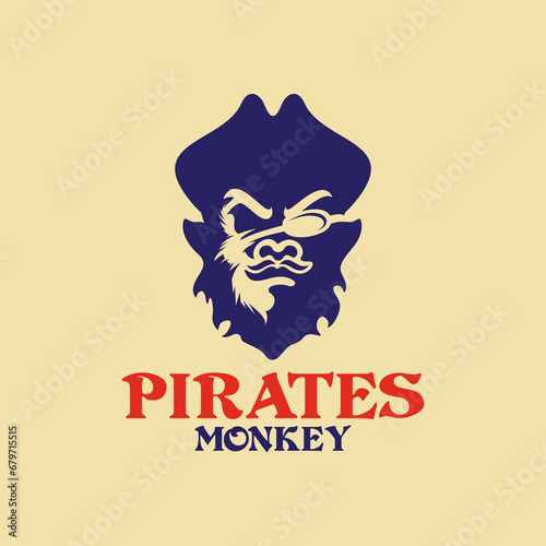 modern professional unique clean flat minimalist vector of monkey ape gorilla king kong chimpanzee head with pirates hat suitable for boat ship sailor nautical navy or american football team logo