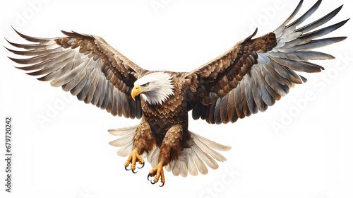 Bald eagle in flight toward with open wings on isolated background