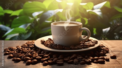 Coffee cup and coffee beans in sack on coffee plant background in the morning , 3D Rendering, 3D illustration