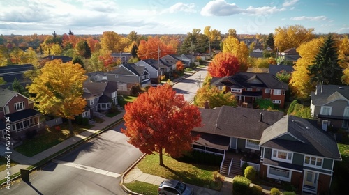 Drone aerial view of detached house neighbourhood community street with autumn fall colours nature trees surrounding. Real estate, development and suburban cityscape background.