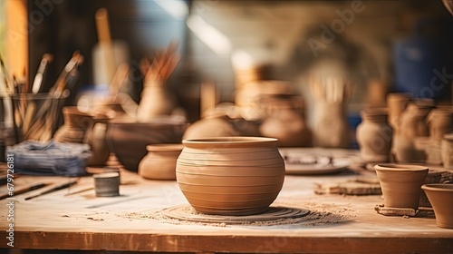 Working tools for making clay pottery in a home workshop on the table.Small business,entrepreneurship,hobby, leisure concept.Selective focus with the shallow depth of field.