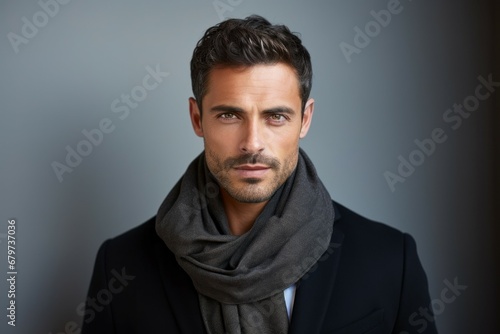 White Caucasian man with a scarf. Portrait with selective focus and copy space