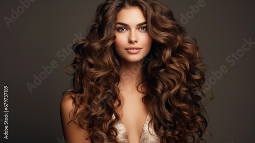 Brunette woman with long, lustrous wavy hair Lovely model with curly hairstyle.